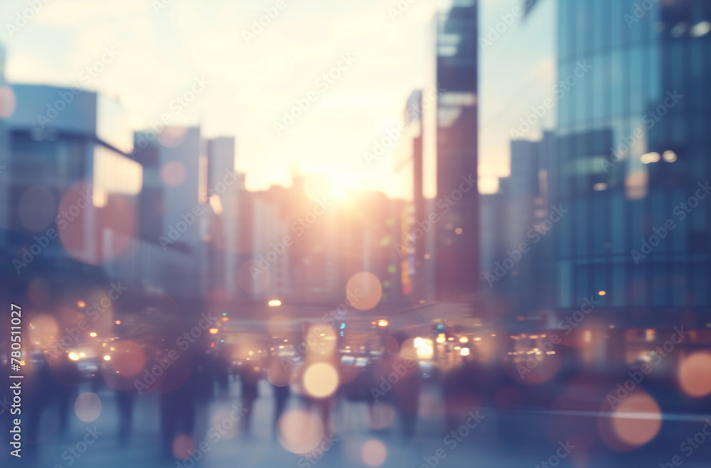 Bustling City Street Scene at Sunset With Pedestrians and Bokeh Lights ...