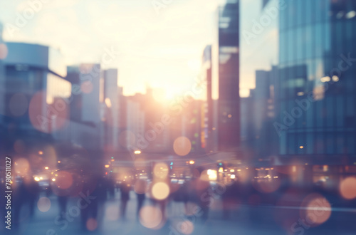 Bustling City Street Scene at Sunset With Pedestrians and Bokeh Lights. The atmosphere is alive with vibrant bokeh lights from street lamps and vehicles, conveying a sense of urban vitality.