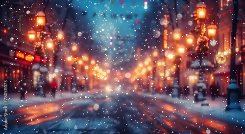 Snowy Evening in Bustling City Street With Glowing Lights and Traffic. The scene captures the bustling urban life against the quiet of a winters night. © RumRaisinStock