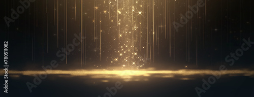 Gold rain, shiny and sparkling, black background, movie style, vertical lines of light effect in the middle of screen, cinematic light effects. Dazzling Display of Golden Bokeh Lights Creating a Warm 