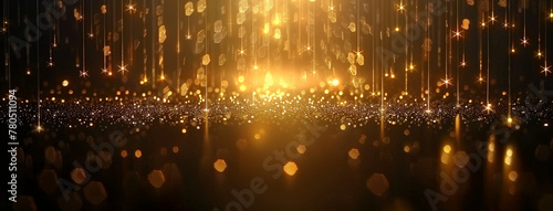 A myriad of golden lights cascade downward, creating a bokeh effect against a dark backdrop. The warm hues emanate a cozy and inviting atmosphere, reminiscent of a festive celebration. photo