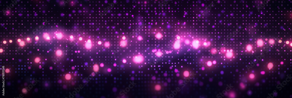 A mesmerizing array of pink and purple light particles float amidst a digital grid overlay on a dark background, suggesting a futuristic or virtual space. The radiant dots seem to pulse gently