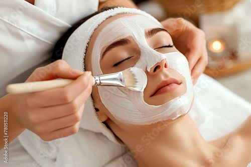 Woman receiving a facial mask treatment at a spa with eyes closed.