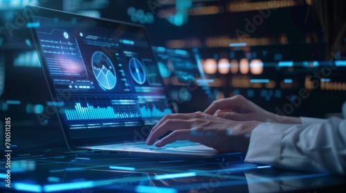 Data scientist, Programmer using laptop analyzing financial data on futuristic virtual interface.  photo