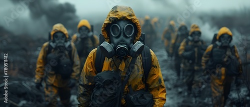 Soldiers in gas masks and hazmat suits march into a devastated city. Concept Soldier, Gas Masks, Hazmat Suits, Devastated City, Marching