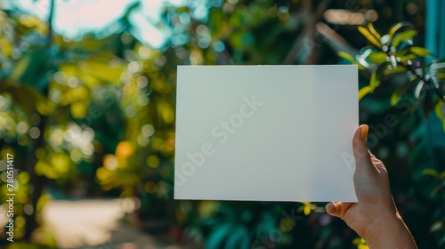 female hand holding up blank white invitation, POV