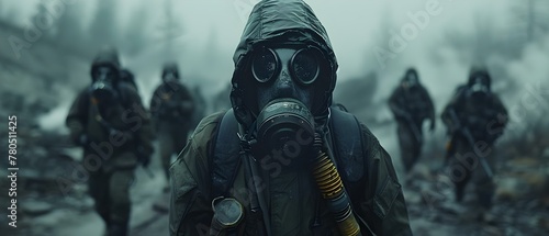 Soldiers in gas masks and hazmat suits enter a ruined city. Concept Post-apocalyptic world, Military, Gas masks, Hazmat suits, Ruined city photo