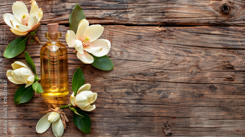magnolia essential oil in a bottle. Selective focus. magnolia essential oil in a bottle. Selective focus.