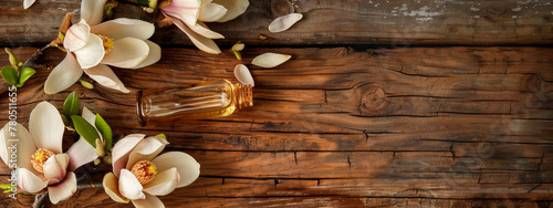 magnolia essential oil in a bottle. Selective focus.
