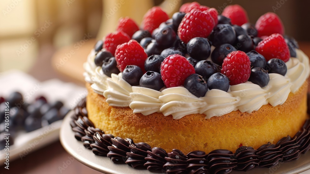 elegant composition fruit cake adorned with succulent blueberries and raspberries