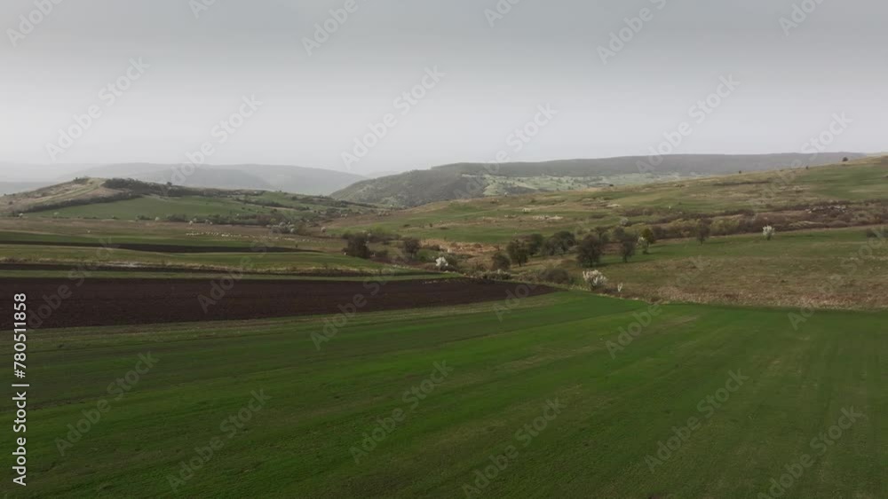 Aerial spring landscape with agriculture fields prepared for planting vegetables or cereals. Agriculture aerial 4k video. View to hills landscape from Transylvania, Romania. Aerial spring landscape with agriculture fields prepared for planting vegetables or cereals. Agriculture aerial 4k video. View to hills landscape from Transylvania, Romania.