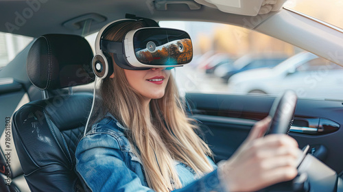 Woman with virtual reality glasses headset driving car
