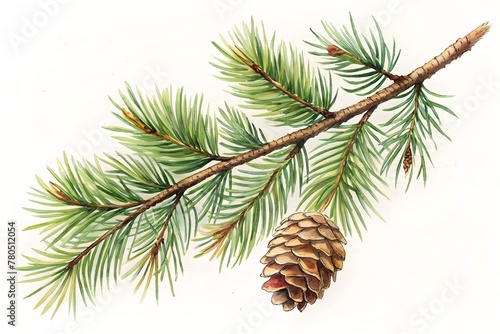 Branch of a fir tree and cone for Christmas decoration. Hand drawn pine branch watercolor and pencil drawing. Happy new year 2025. Generative ai	