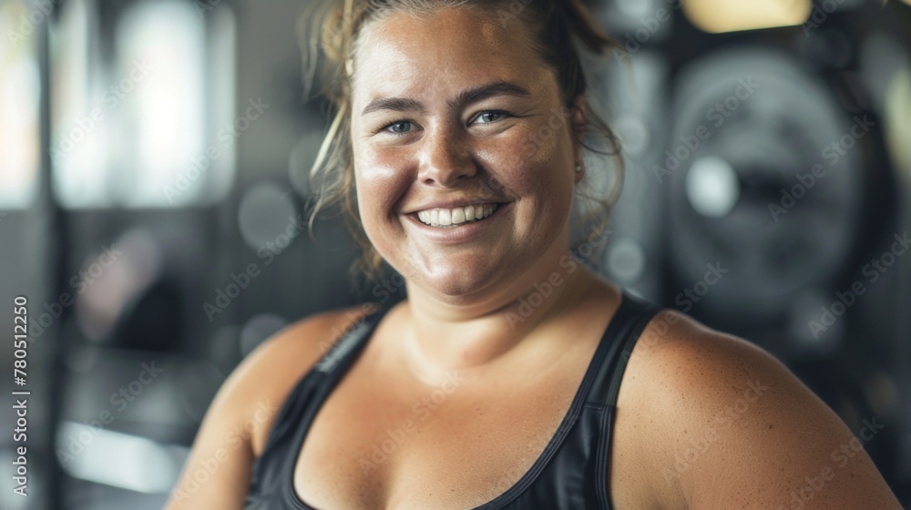 Smiling woman with freckles wearing a black tank top standing in a gym with blurred equipment in the background.