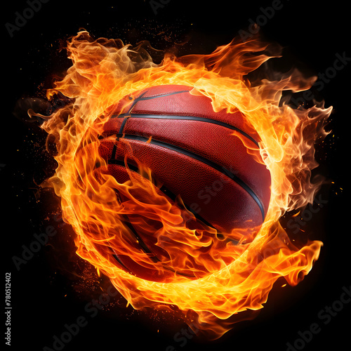 Basketball ball on fire on a black background. AI generated.