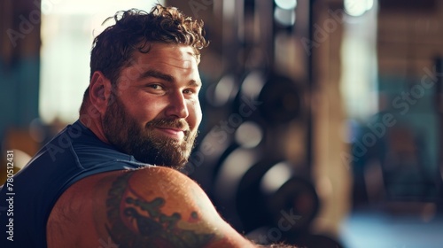 Smiling bearded man with tattoos wearing a sleeveless top in a gym setting with weights in the background. photo