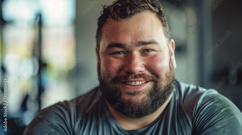 Smiling man with beard and short hair wearing a dark t-shirt sitting in a well-lit room with blurred background. Smiling man with beard and short hair wearing a dark t-shirt sitting in a well-lit room with blurred background.