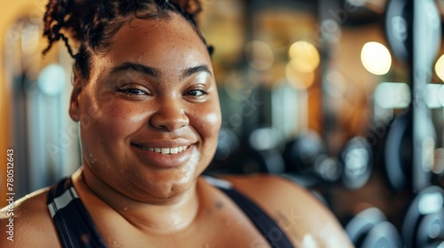 A woman with a radiant smile glowing skin and a fit appearance standing in a gym with weights in the background.