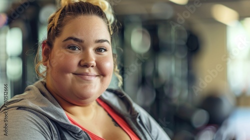 A smiling woman with blonde hair wearing a gray hoodie and an orange top standing in a gym with blurred equipment in the background. © iuricazac