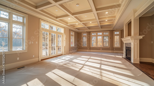 Spacious space with fireplace (living room without furniture)