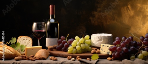 A picture of a wine and cheese tasting, featuring bread, grapes, wine accessories, and space for text.