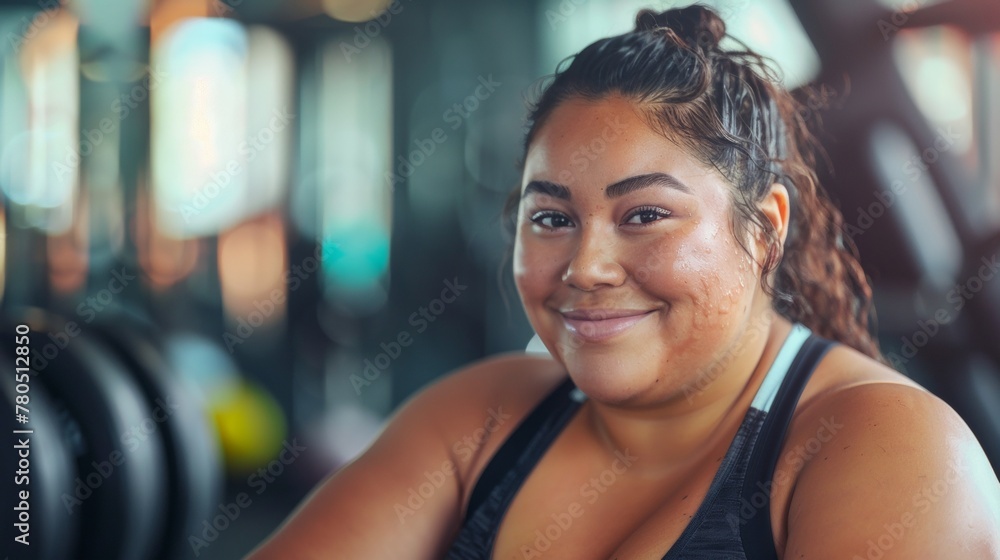 Young woman with a radiant smile wearing a black tank top seated in a gym with blurred equipment in the background.