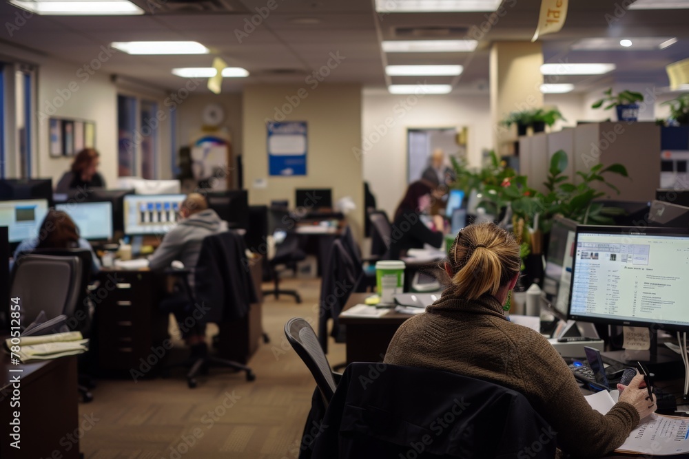 A driven woman focused on her work, typing on a computer in a bustling office environment. A driven woman focused on her work, typing on a computer in a bustling office environment.