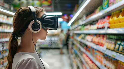 Woman with virtual reality glasses headset shopping at the supermarket ©  Mohammad Xte