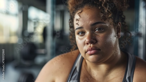 A woman with curly hair sweat glistening on her face looking directly at the camera wearing a gray sports bra standing in a gym with blurred equipment in the background.