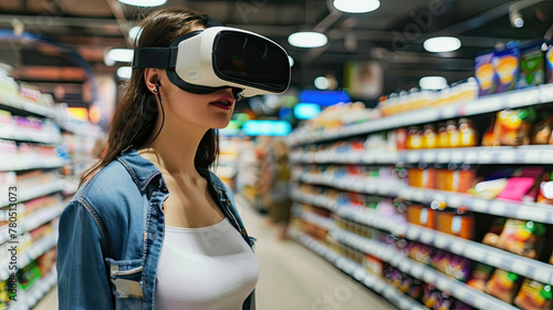 Woman with virtual reality glasses headset shopping at the supermarket