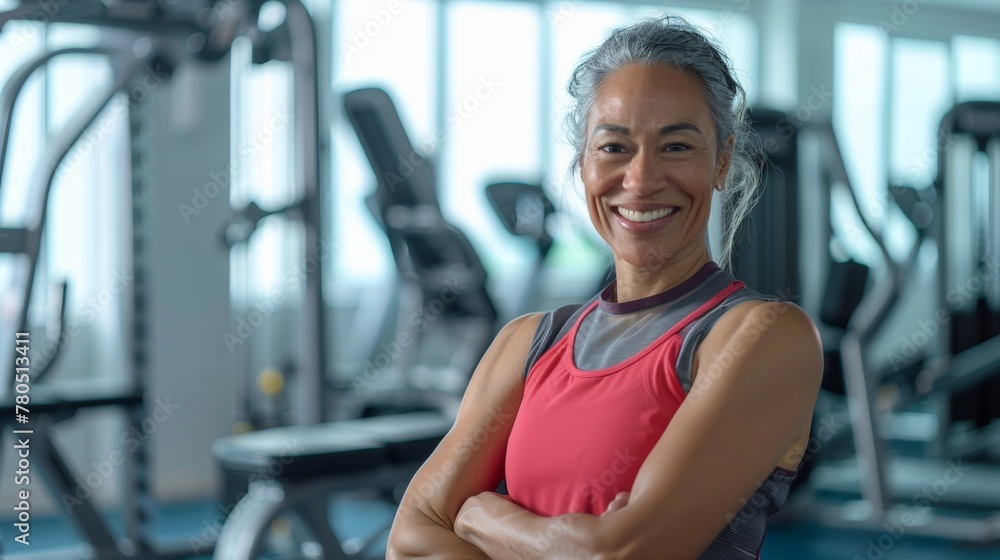 Fototapeta premium Smiling woman in gym wearing red tank top standing in front of exercise equipment.