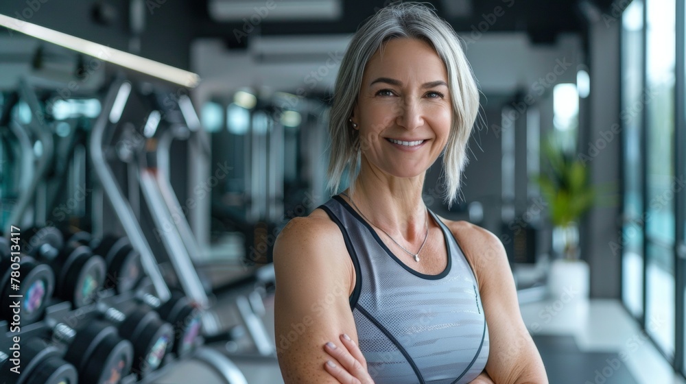 Fototapeta premium Smiling woman in gym wearing sports bra standing in front of weight machines and mirrors with sunlight streaming through large windows.