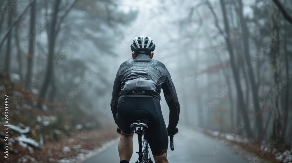 Obraz premium A cyclist in a black jacket and helmet riding a bicycle on a foggy wooded path.