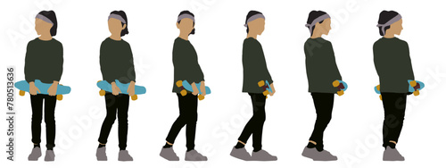 Vector concept conceptual silhouette of a girl holding a skateboard in hands  from different perspectives isolated on white background. A metaphor for fun, playing and childhood