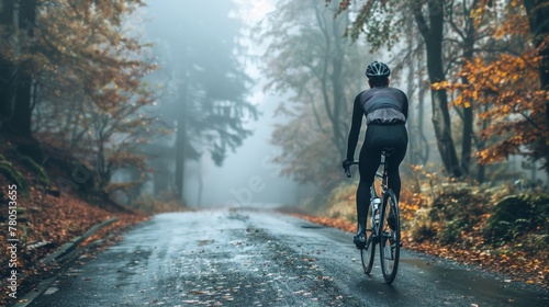 A cyclist in a black helmet and outfit riding a bicycle on a foggy wet road surrounded by autumn-colored trees. © iuricazac