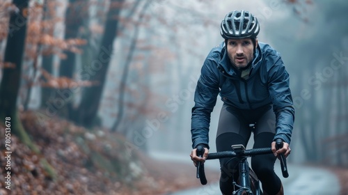 Man in blue jacket and black helmet riding bicycle on foggy forest trail.