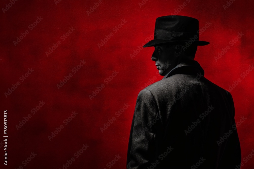 A man in a top hat and coat stands confidently in front of a vibrant red wall, exuding an air of mystique and sophistication.