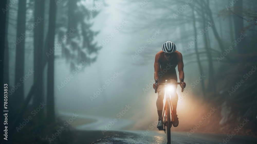Obraz premium A cyclist in an orange jersey and white helmet riding a bicycle on a foggy road with the headlight illuminating the path ahead.