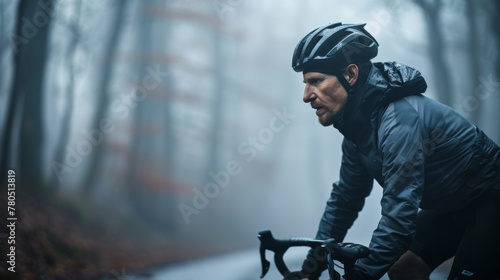 Man in black cycling gear wearing a helmet riding a bicycle on a foggy leaf-covered path in a forest. © iuricazac