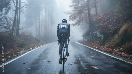 A cyclist in a black and white outfit riding a bicycle on a wet road with fallen leaves surrounded by foggy misty forest.