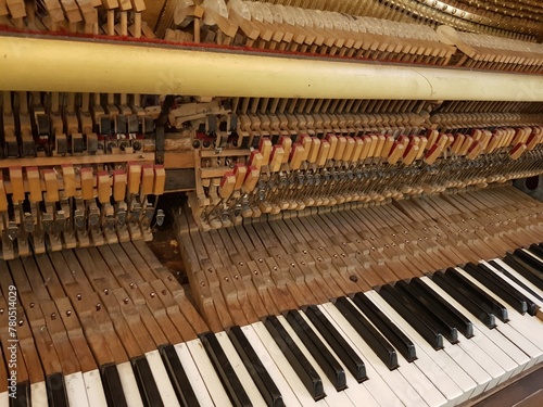 Traditional upright piano keys and mechanism background