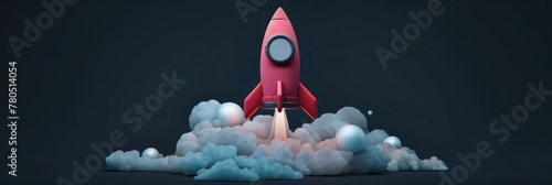 A pink space rocket is launching from a planet and fire and smoke around, at night, red illustration of spacecraft, AI Generated.