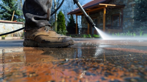 A person's foot stepping on a wet surface spraying water from a pressure washer with a house in the background.