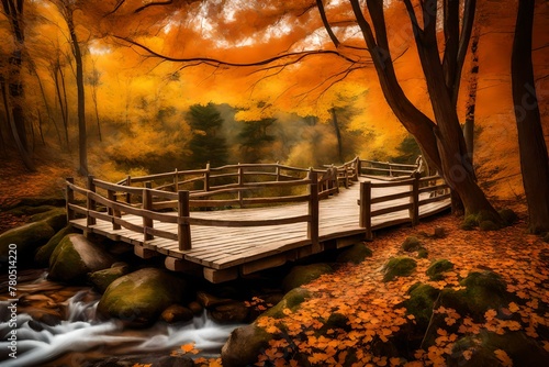 A rustic bridge over a stream, surrounded by trees in their fall attire.
