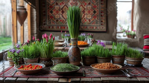 Novruz setting table decoration, wheat grass, Azerbaijan national pastry pakhlava, new year sring celebration, nature awakening photo