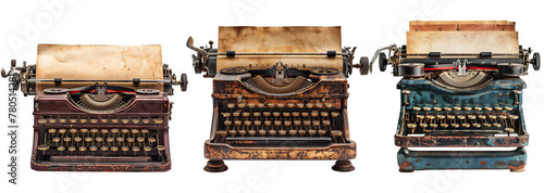 Vintage typewriters with paper inserts on transparent background photo