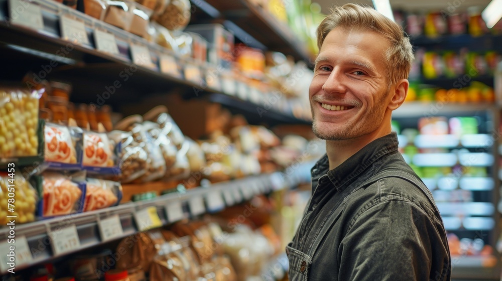 Smiling man in a store aisle with various packaged food items on shelves.