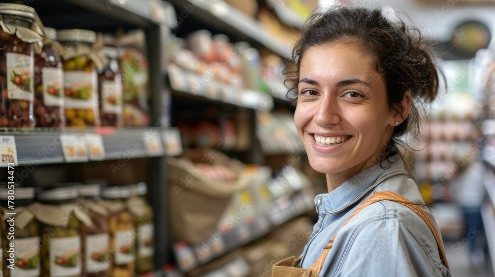 Smiling woman in apron standing in a grocery store aisle with jars of pickles and olives on the shelves. Smiling woman in apron standing in a grocery store aisle with jars of pickles and olives on the shelves.