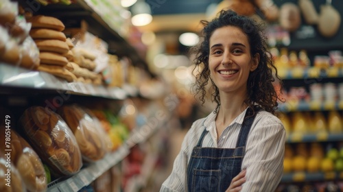 A cheerful woman in a blue apron stands in a well-stocked grocery store aisle smiling at the camera.