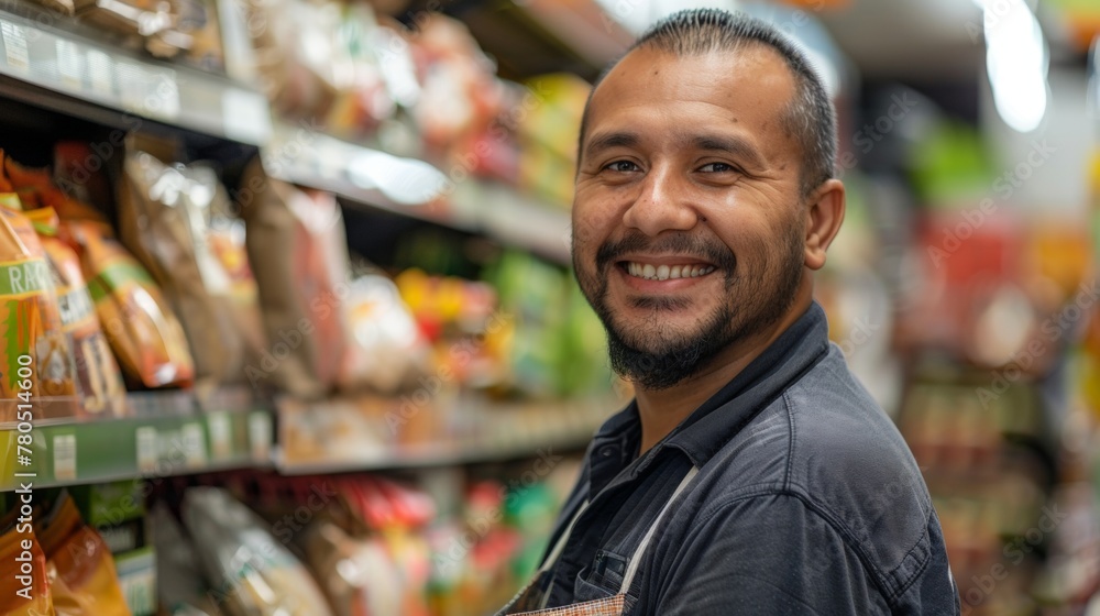 Smiling man in grocery store aisle surrounded by various packaged food items.